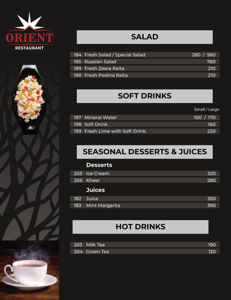 Salad Soft Drinks Jucies Hot drinks